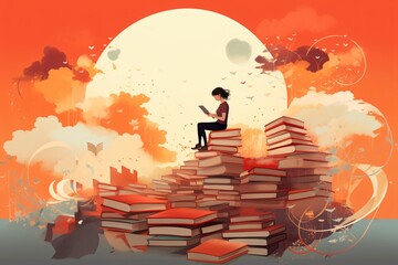 Graphic illustration of an avid book reader reading a book on the top of a pile of books