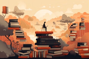 Graphic illustration of an avid book reader reading a book on the top of a pile of books