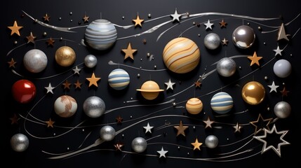  a group of different planets and stars on a black background with a stream of streamers of gold, silver, and red.