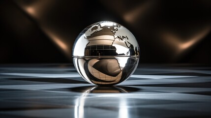  a shiny egg with a reflection of a person's feet in it on a black and white checkered floor.