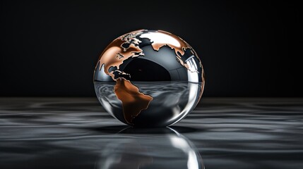 a black and gold globe sitting on top of a reflective surface with a reflection of the earth in the middle of the globe. - obrazy, fototapety, plakaty