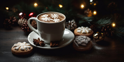 Fototapeta premium Christmas Coffee. Cup of Coffee or Cappuccino with foam and Christmas Cookies and Christmas Tree Branches with lights on a wooden table. Christmas Dessert
