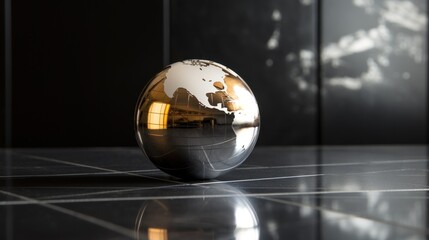  a shiny globe sitting on top of a black tile floor in front of a black wall with a reflection of a building on it.