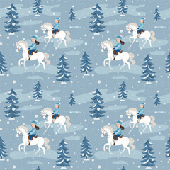 Seamless vector pattern, girls riding horses in the winter forest