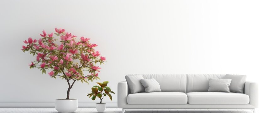 In the modern living room, a beautiful flower design with leaves and growth sits isolated on a white background, bringing a touch of nature to the space with its vibrant colors, while a tree in the