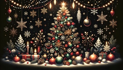 Image festive de Noël avec un sapin orné sur fond noir, débordant de lumières scintillantes, guirlandes et ornements en rouge et vert, symbolisant la célébration hivernale et joyeuse de décembre. - obrazy, fototapety, plakaty