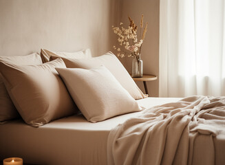 Stylish and modern bedroom, warm beige tones.