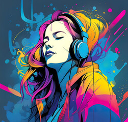 Happy girl in headphones dancing at a disco, vector illustration,