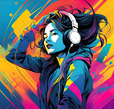 Happy girl in headphones dancing at a disco, vector illustration,