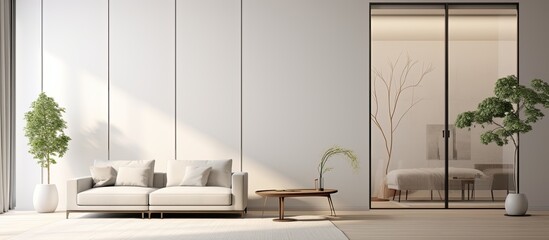 In the modern apartment, the white walls and contemporary furniture design create a stunning 3D render of the interior, showcasing a spacious room with a sleek sofa and armchair, while the hallway and