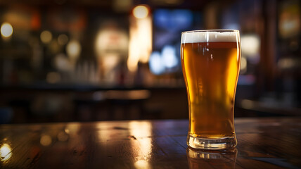 close-up picture of a beer with a bar background, glass of cold beer, alcohol, party at the pub and restaurant, crafted homemade brewery, saint patrick, event at the bar