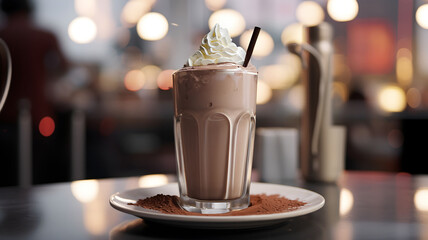 chocolate milkshake white whipped cream on top and cacao powder, glass with straw, sweet dessert on...