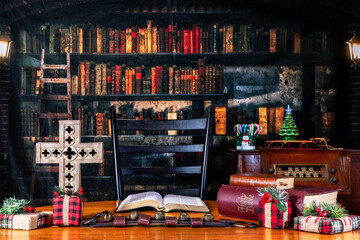 reason for the season Christmas decorations with cross and bible on table with old library...