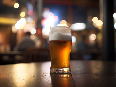 close-up picture of a beer with a bar background, glass of cold beer, alcohol, party at the pub and restaurant, crafted homemade brewery, saint patrick, event at the bar