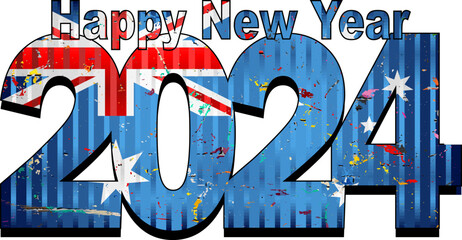 Fototapeta premium Happy New Year 2024 with Australia flag inside - Illustration, 2024 HAPPY NEW YEAR NUMERALS
