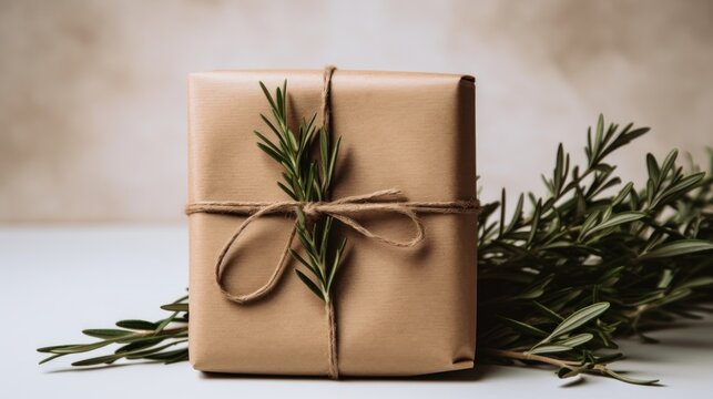  a wrapped present wrapped in brown paper and tied with a twine of twine and a sprig of rosemary.