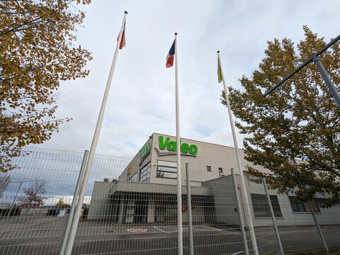 Humpolec, Czech republic - November 11, 2023: Valeo logo sign. French global automotive supplier, building with brand logotype signboard.Czech factory warehouse and production plant by D1 highway
