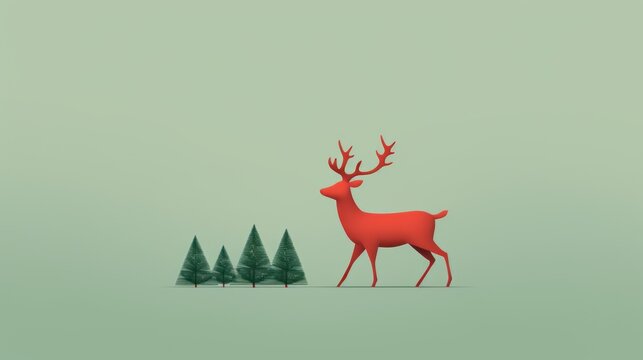  a red deer standing in front of a row of green trees on a green background with a green sky in the background.