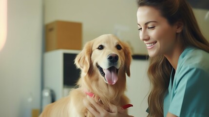 Compassionate Care: Veterinarian Enjoying a Cheerful Moment with a Golden Retriever. Generative ai