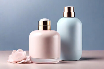 Chic pastel cosmetics packaging for skincare fragrance or toiletries on a serene background