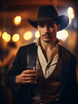 Handsome man with a cowboy hat drinking a beer in a bar, american traditional bar, cold alcoholic beverage, romantic date in america, cowboy outfit