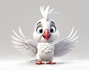 A 3d cartoon character white cockatoo parrot on the white background, looking cute, adorable and joyful