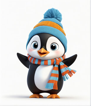 A 3d cartoon character penguin wearing scarf and hat on the white background, looking cute, adorable and joyful