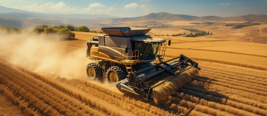 Aerial drone top view Big powerful industrial combine harvester machine reaping golden ripe wheat...