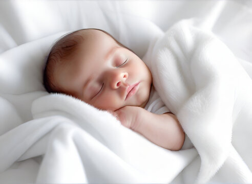 Adorable cute infant newborn sleeping baby, wrapped in a cozy, white blanket