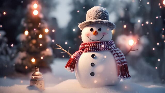 The snowman is smiling. Snowing at Christmas time. Christmas night scene	