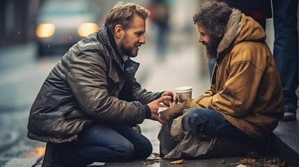 Moments of Compassion: Man Sharing a Meal with a Homeless Person in the Rain. Generative ai - obrazy, fototapety, plakaty
