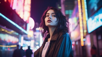 Obraz premium Urban Fashion Model in Neon Lights. Generative ai