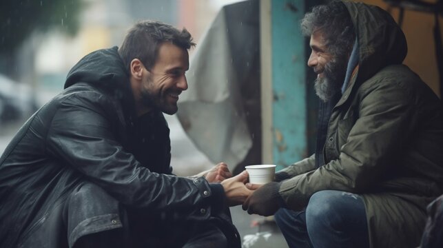 Moments of Compassion: Man Sharing a Meal with a Homeless Person in the Rain. Generative ai