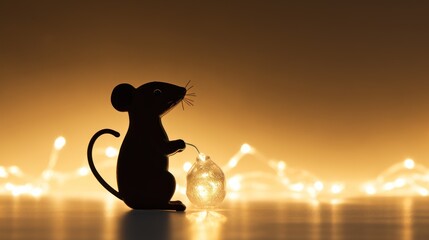  a rat figurine sitting on a table next to a string of lights and a glass jar with a light inside of it.