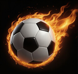 Naklejka premium A soccer ball enveloped in a vibrant, fiery glow against a dark black backdrop