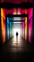 Man Walking Towards Light in Vibrant Geometric Corridor. Generative ai