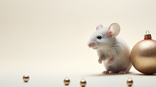 a white rat standing next to a christmas ornament and a gold ornament on a white background.