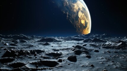  a view of the earth from the surface of the moon, with rocks in the foreground and stars in the background.