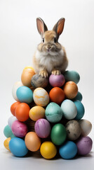 A bunny perched on an egg pyramid, a playful addition to Easter Bunny Festive Moments.