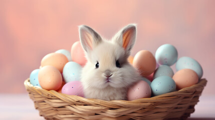 A fluffy bunny sits with a pastel egg basket, an endearing moment from Easter Bunny Festive Moments.