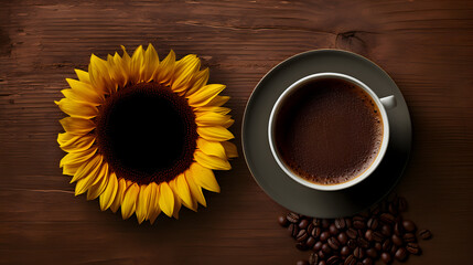 cup of coffee and yellow sunflower,  Morning's Awakening: Embracing the Dawn of a New Day