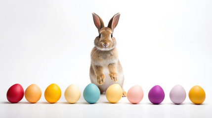Fototapeta na wymiar A bunny backed by a rainbow of Easter eggs, a vibrant display of Easter Bunny Festive Moments.
