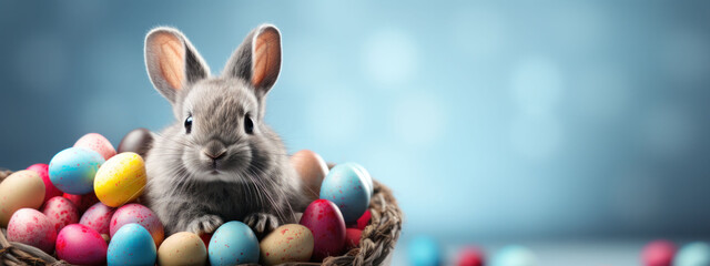 Fototapeta na wymiar In a beautiful blur of blues, a bunny peeks out from a nest of Easter eggs, inviting us to celebrate Easter Bunny Festive Moments.