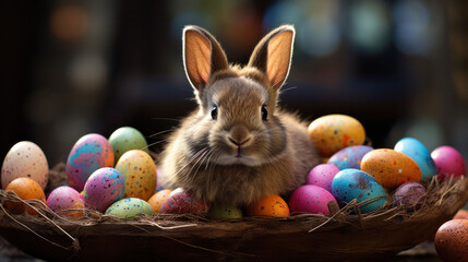 Fototapeta na wymiar A thoughtful bunny among colorful Easter eggs, a serene depiction of Easter Bunny Festive Moments.