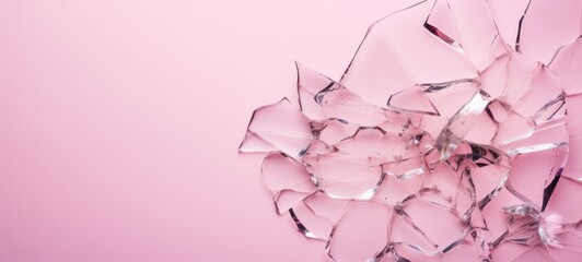 Abstract cracked damaged glass splinter fragments on pink texture paper background banner