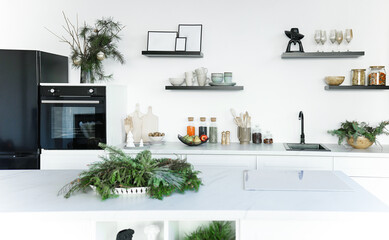 apartment, background, birth of christ, board, celebration, christmas, christmas interior in the kitchen, color, comfort, contemporary, cook, cooking, counters, culinary, cup, cups, cutting, decor, de