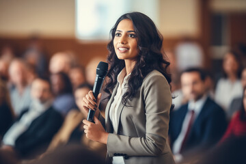 An indian woman in suit giving a speech at a conference