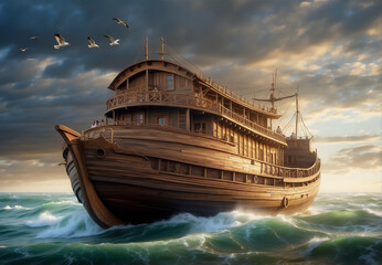Noah's Ark, a huge ancient wooden ship floating on the sea