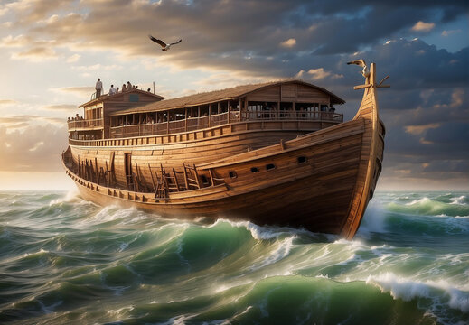 Noah's Ark, a huge ancient wooden ship floating on the sea