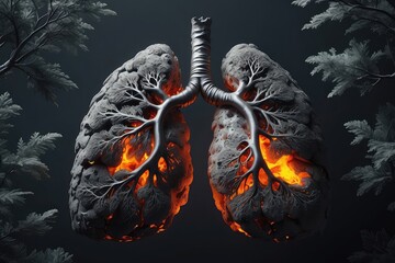 A lung made of trees filled with burning black coals, a sensation of breath and relief - obrazy, fototapety, plakaty